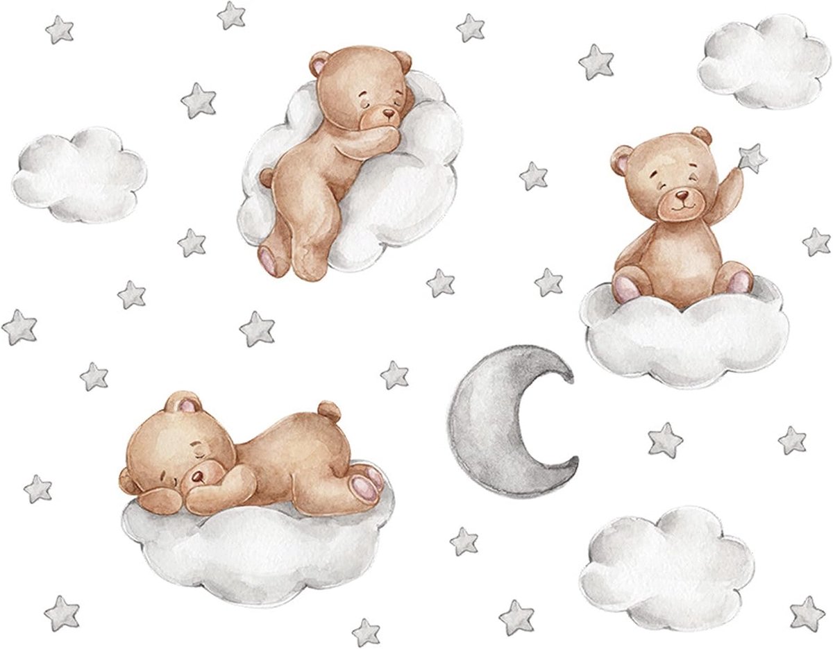 SnelShoppen - Teddybeer Muurstickers Beer Op De Wolk Decoratie voor Kinderkamer Babykamer Speelkamer Muurdecoratie met Sterren en Maan