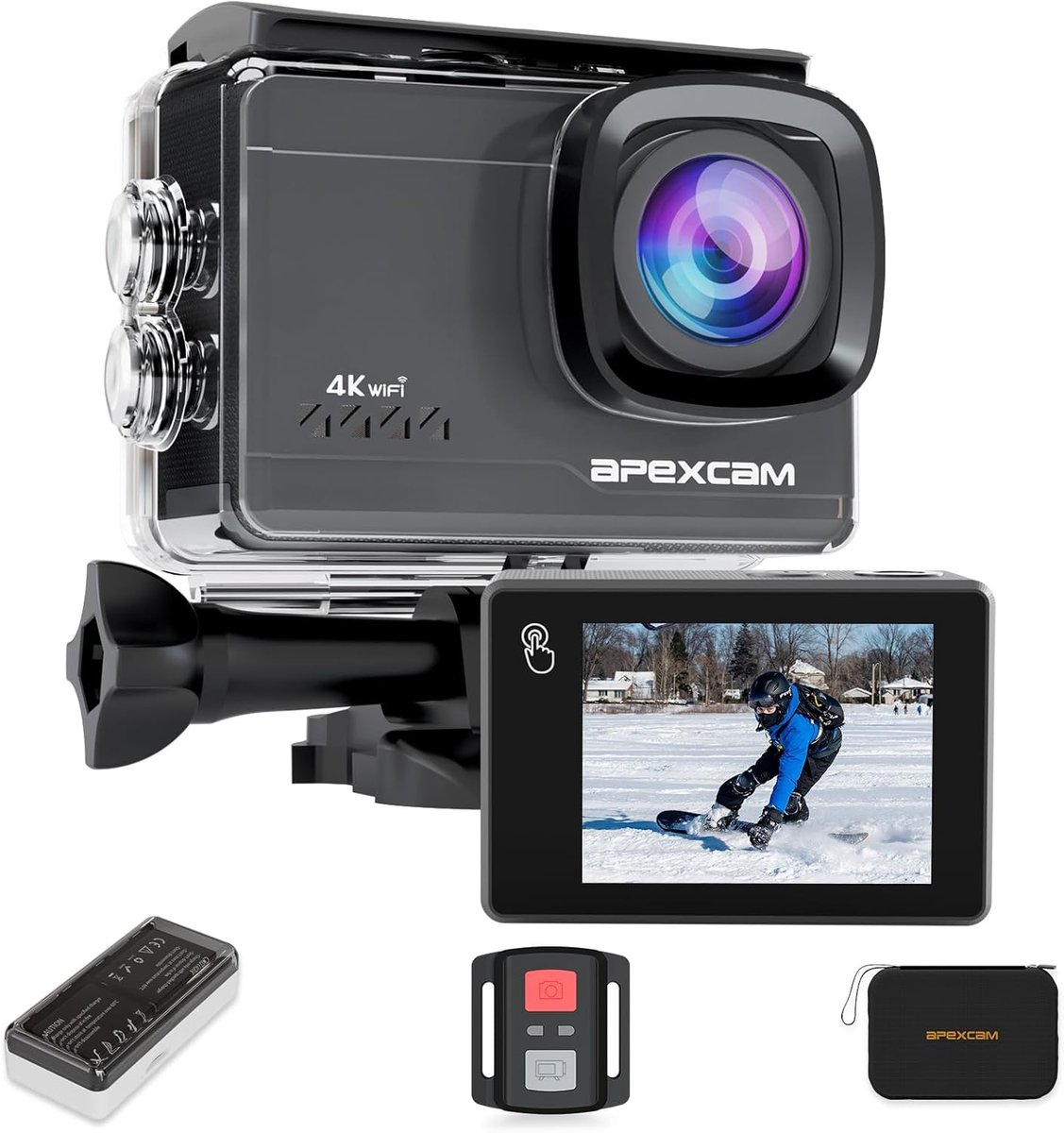 SnelShoppen - Action Cam 4K 60FPS 64MP Sportcamera met EIS, WiFi, Touchscreen, Onderwatercamera tot 40m, 8x Zoom, Afstandsbediening en 2x1350mAh Batte