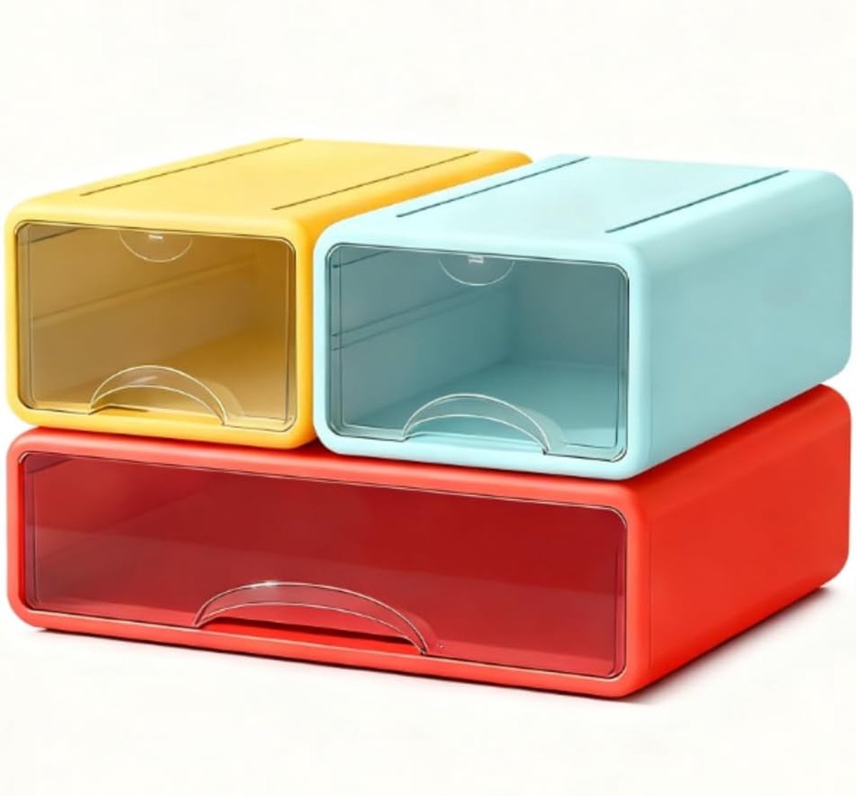 Thijox - 3 Stuks Bureau-Organizers - Grote + 2 Kleine Stapelbare Ladeboxen - Kunststof Kantooraccessoires - Kleurrijk Geel/Blauw/Rood - Ideaal voor Sc