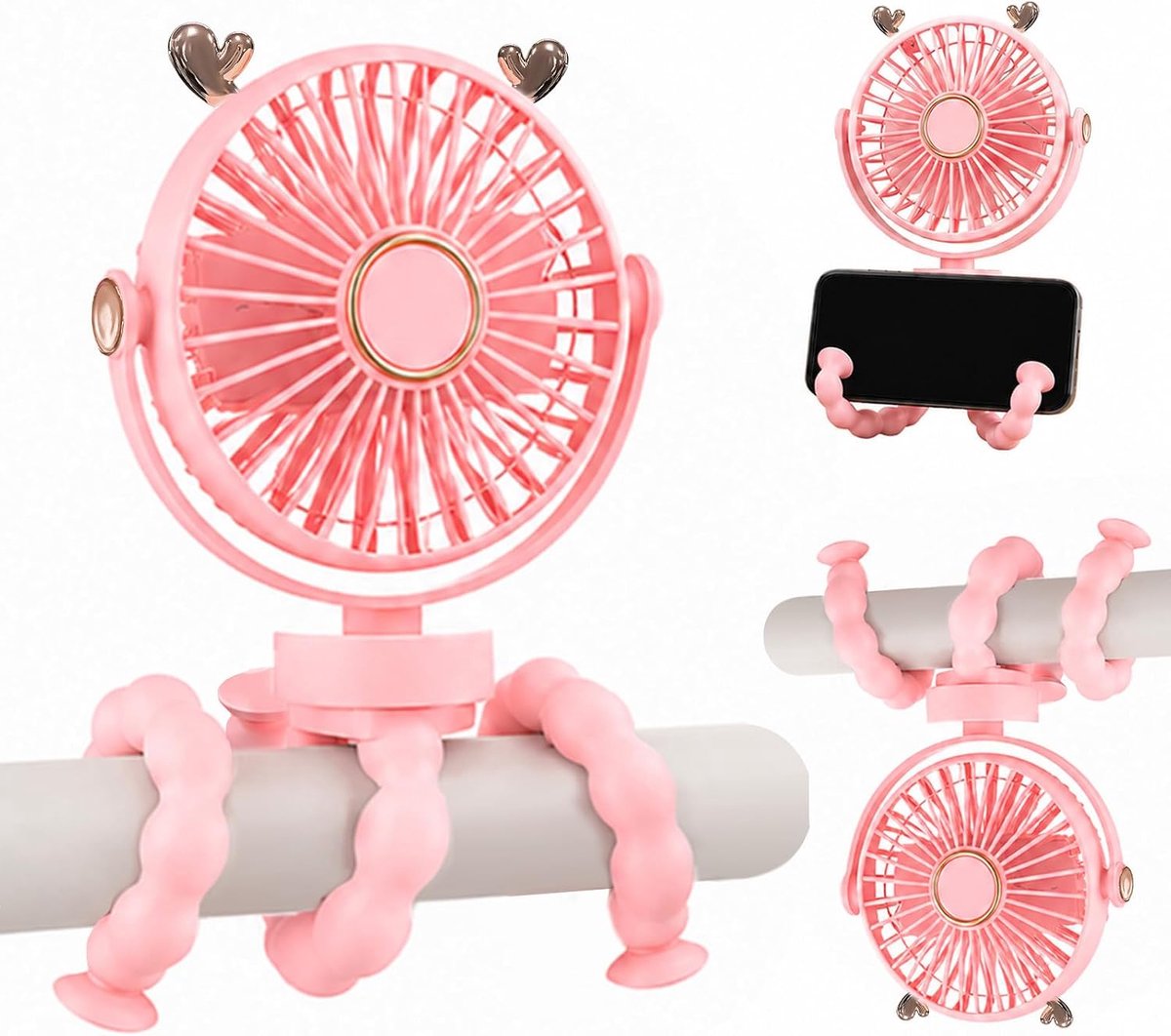 SnelShoppen - Draagbare Kinderwagen Ventilator 360 Graden Rotatie met 3 Snelheden, USB Statiefventilator, Stil voor Camping, Auto, Kantoor, Roze Hert