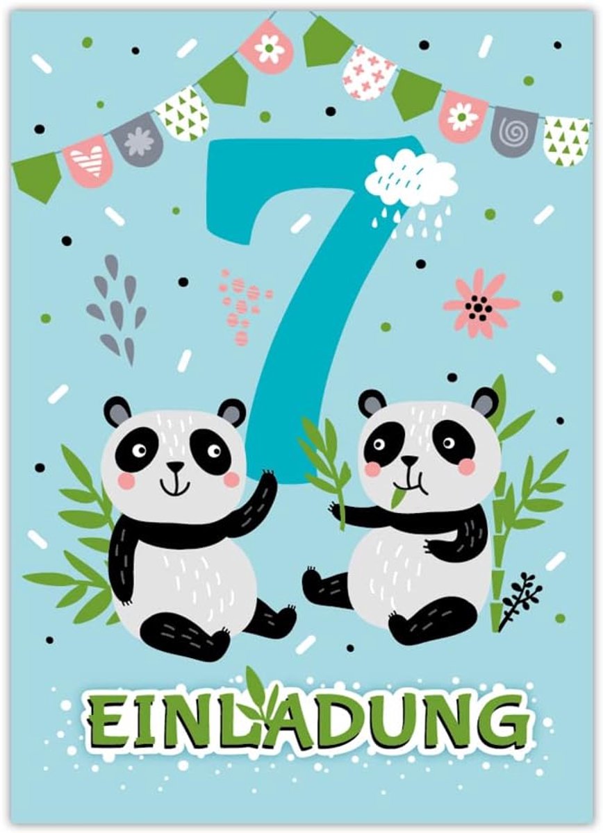 SnelShoppen - 12 Uitnodigingskaarten voor 7e Kinderverjaardag Panda - A6 Formaat, UV-gelakt, Ruimte om in te vullen, Feestkaarten voor Jongens en Meis