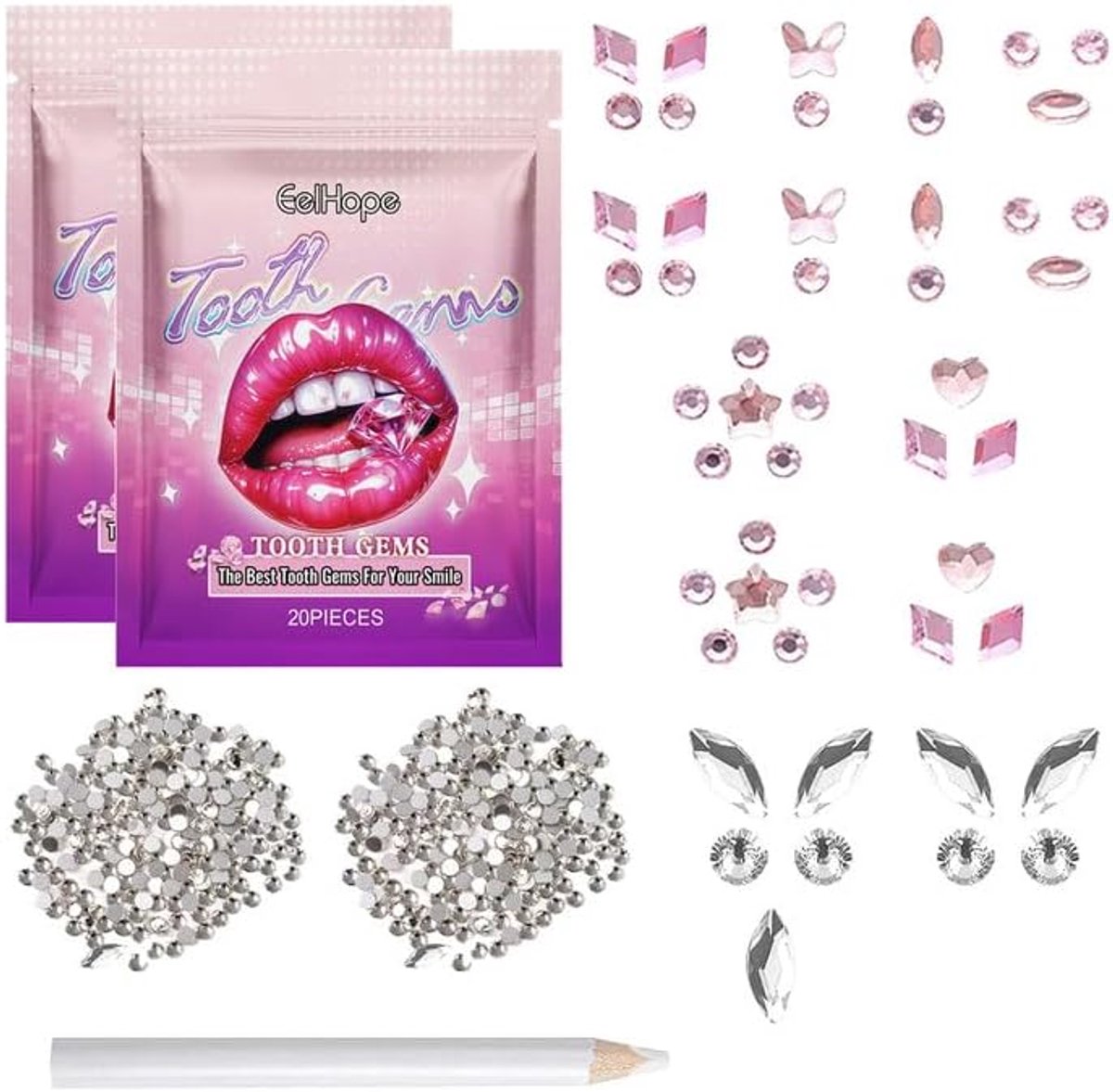 SnelShoppen - Glittertanden Set - Witte Strass-Steentjes en Diamanten voor Tanden - Unieke Glans - Ideaal voor Feest, Cosplay, en Doe-Het-Zelf Project
