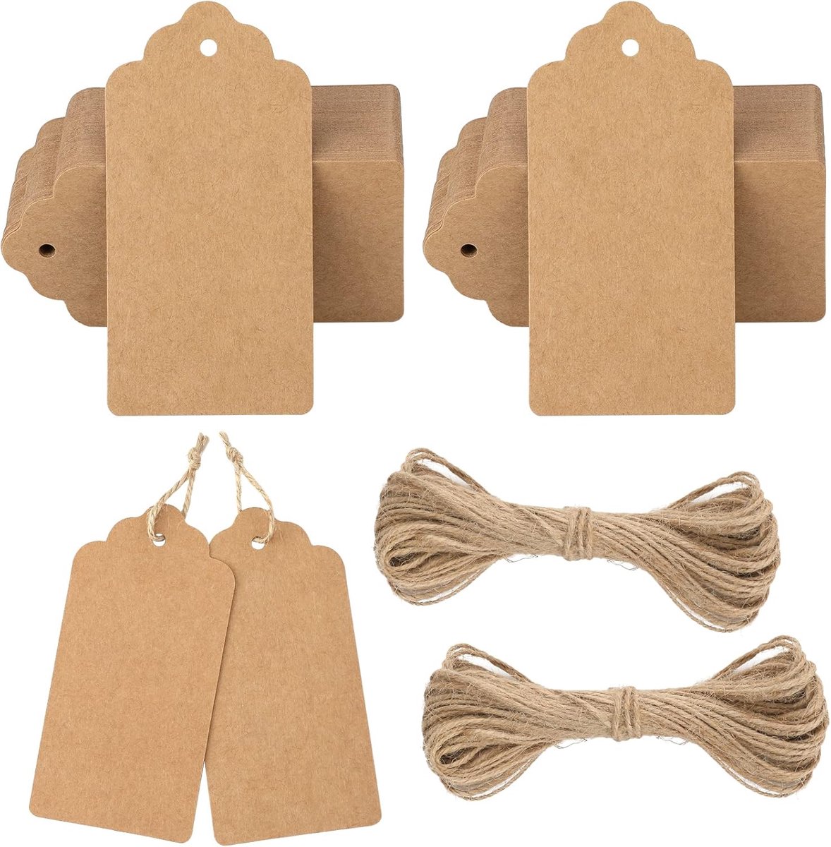 SnelShoppen - 100 Stuks Kraft Paper Gift Tags - Grote Effen Cadeaulabels 5x10 cm Bruin - Blanco Etiketten met Jute Koord voor Geschenken en Feesten