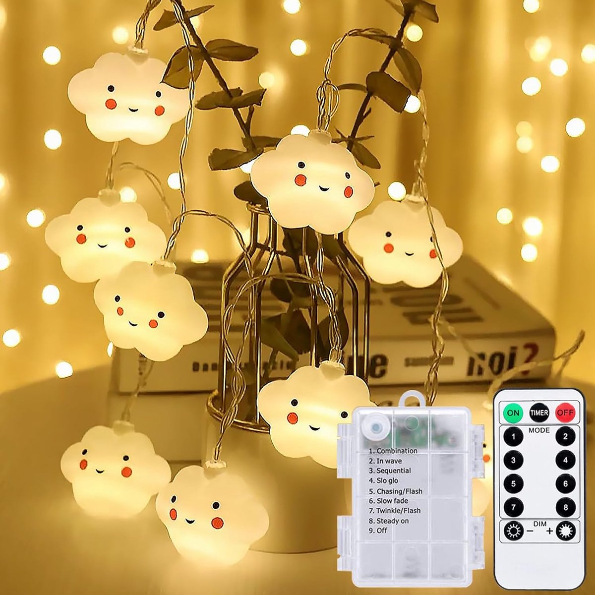 SnelShoppen - Lichtsnoer Wolken Kinderkamer Lichtketting 3m met Timer en Afstandsbediening, 20 LEDs, Decoratieve Verlichting voor Slaapkamer, Bruiloft