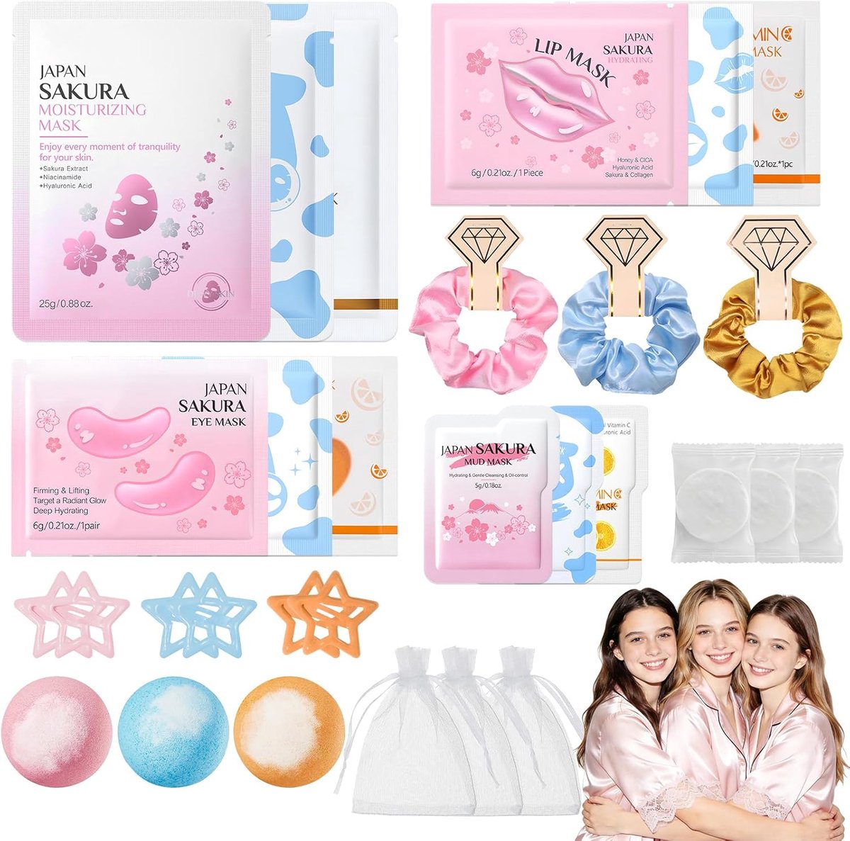 SnelShoppen - 30 Stuks Spa-Set voor Vrouwen - Complete Verzorgingsset met Gezichtsmaskers, Oogpads, Lippenmasker, Kleimasker, Bad Bomb, Mini-Handdoek,