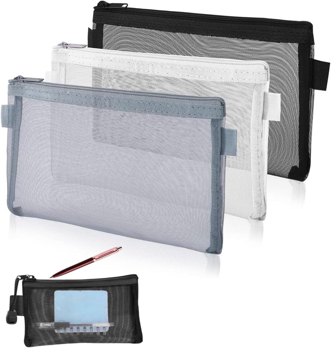 SnelShoppen - 3-delig transparant etui set, nylon netstof met ritssluiting, multifunctioneel voor school, kantoor, cosmetica, 23x18cm, krasvast, veel
