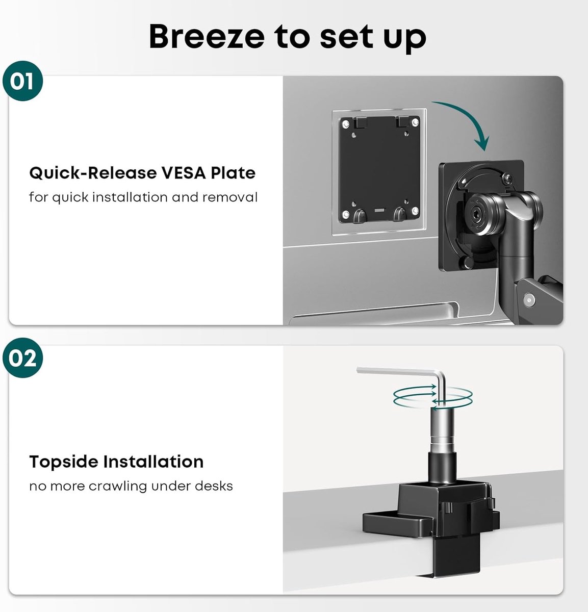 SnelShoppen - Ultrawide Monitor-Arm Heavy Duty 24-57" - Aluminium Enkele Paal Monitorbeugel tot 26,9 kg, Hoogte Verstelbare Bureaumontage Standaard, V thumbnail 3