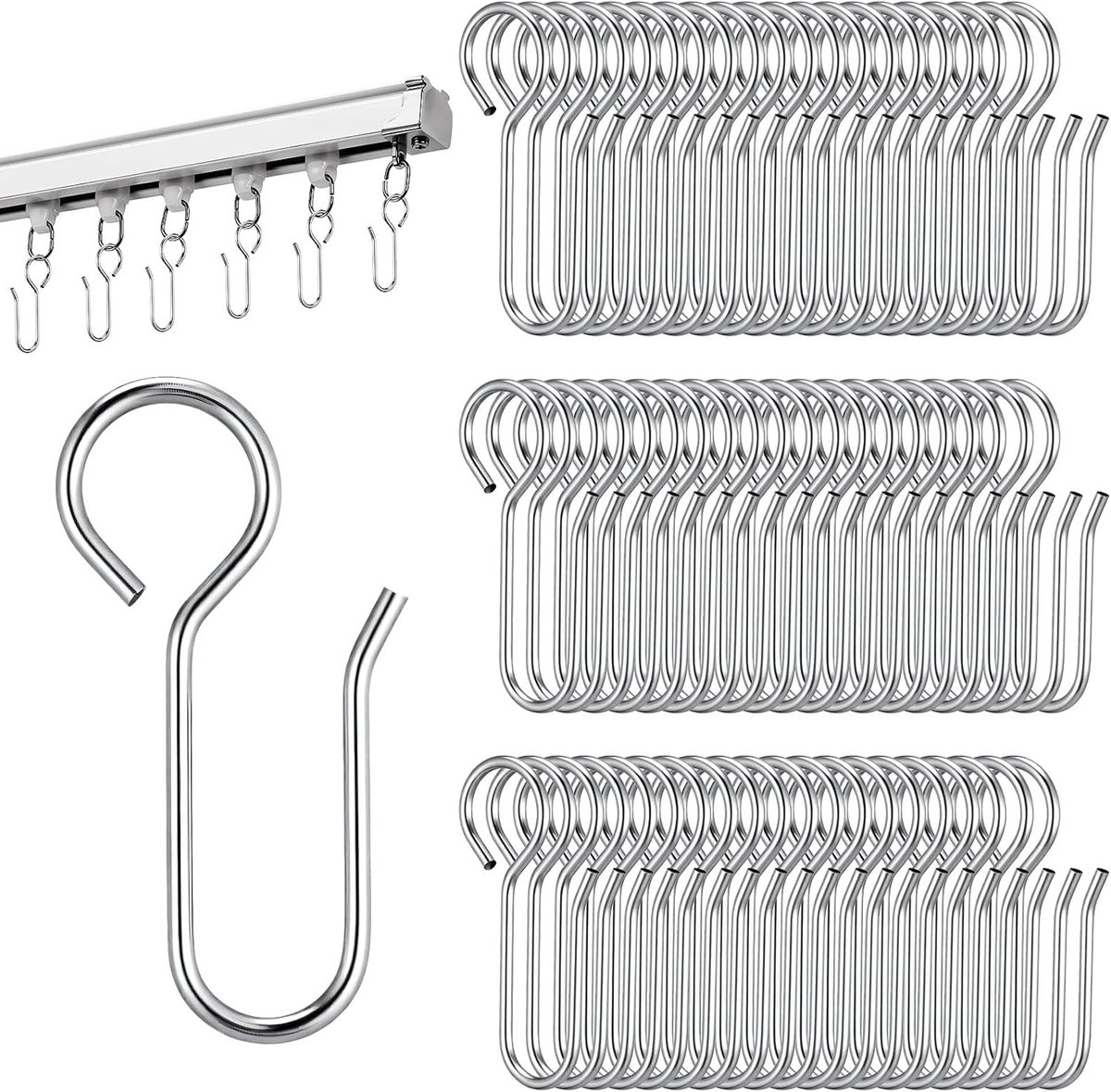 SnelShoppen - 60 stuks S-vormige gordijnrailhaken - Metalen gordijnhaken - Roestvrij staal - Flexibele gordijnpinnen - Zilver voor plafond draperen ra
