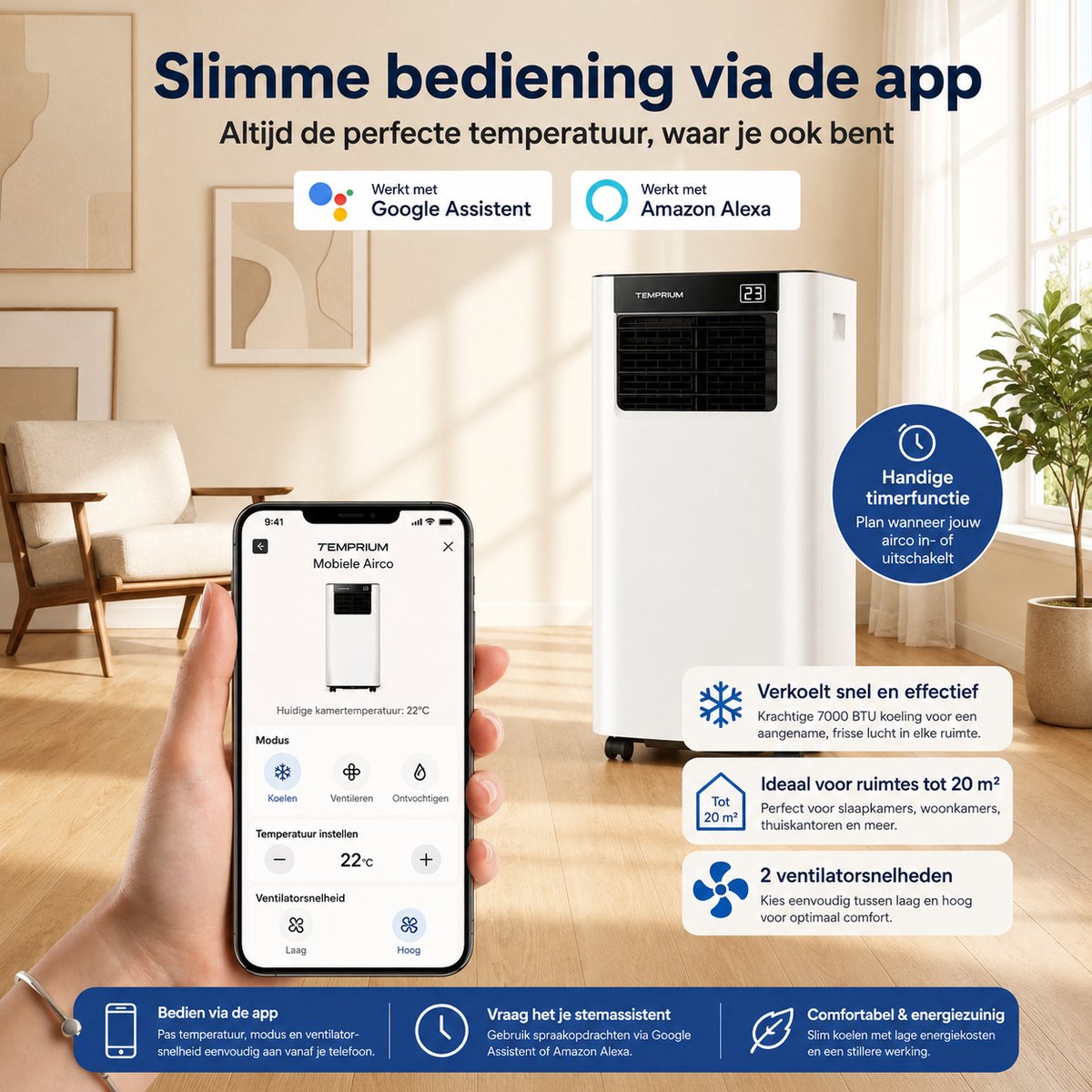 Temprium mobiele airco 7000 BTU SMART - Met afvoerslang - Draagbare Airco met App Bediening – 3 in 1 Koelen, Ventileren & Ontvochtigen – Airco Voor Slaapkamer en Woonkamer – Inclusief Raamkit — afbeelding 15