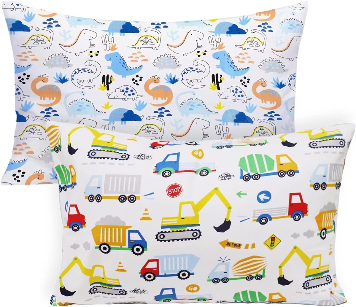 SnelShoppen - Kids Baby Kussenhoes 40x60cm - Natuurlijke Katoenen Kussensloop voor Peuters en Baby's - Dino en Vrachtwagen Motief - Perfecte Cadeau vo