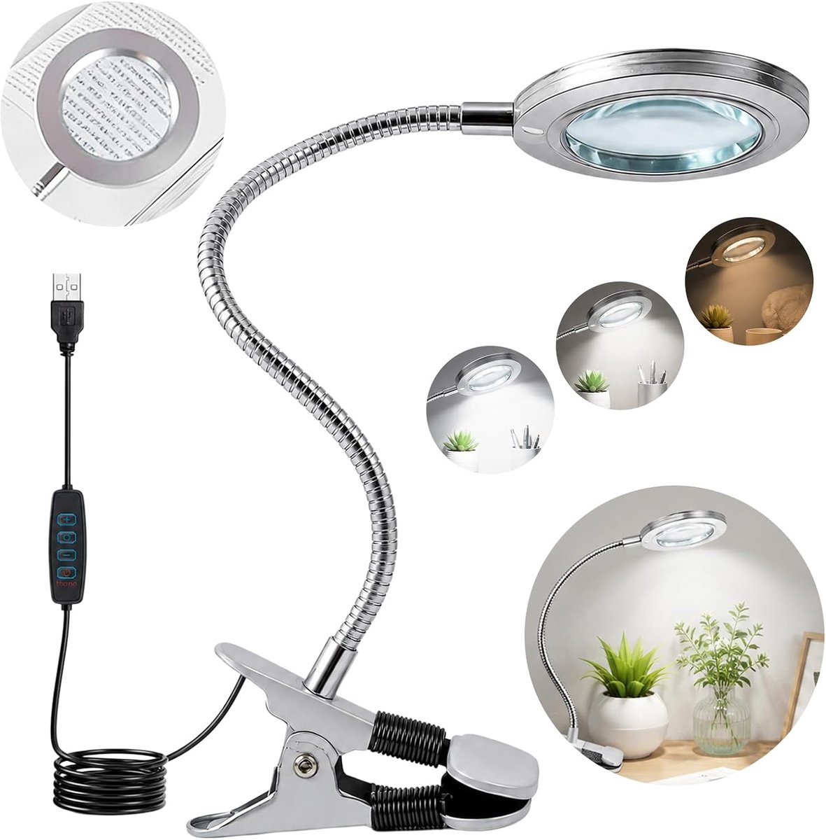 SnelShoppen - 8x Vergrootglas met Licht en Standaard, LED Vergrootlamp met Drie Helderheidsniveaus, Handsfree Bureaulamp met Metalen Klem, 360 Graden