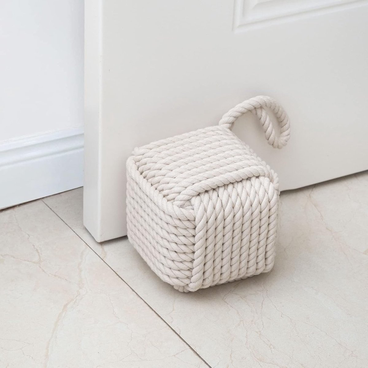 SnelShoppen - Decoratieve Katoenen Touw Deurstopper Nautisch - Handgemaakt met Handvat - Zware Vierkante Deurstopper 2kg - Beige (12.7x12.7cm) voor De
