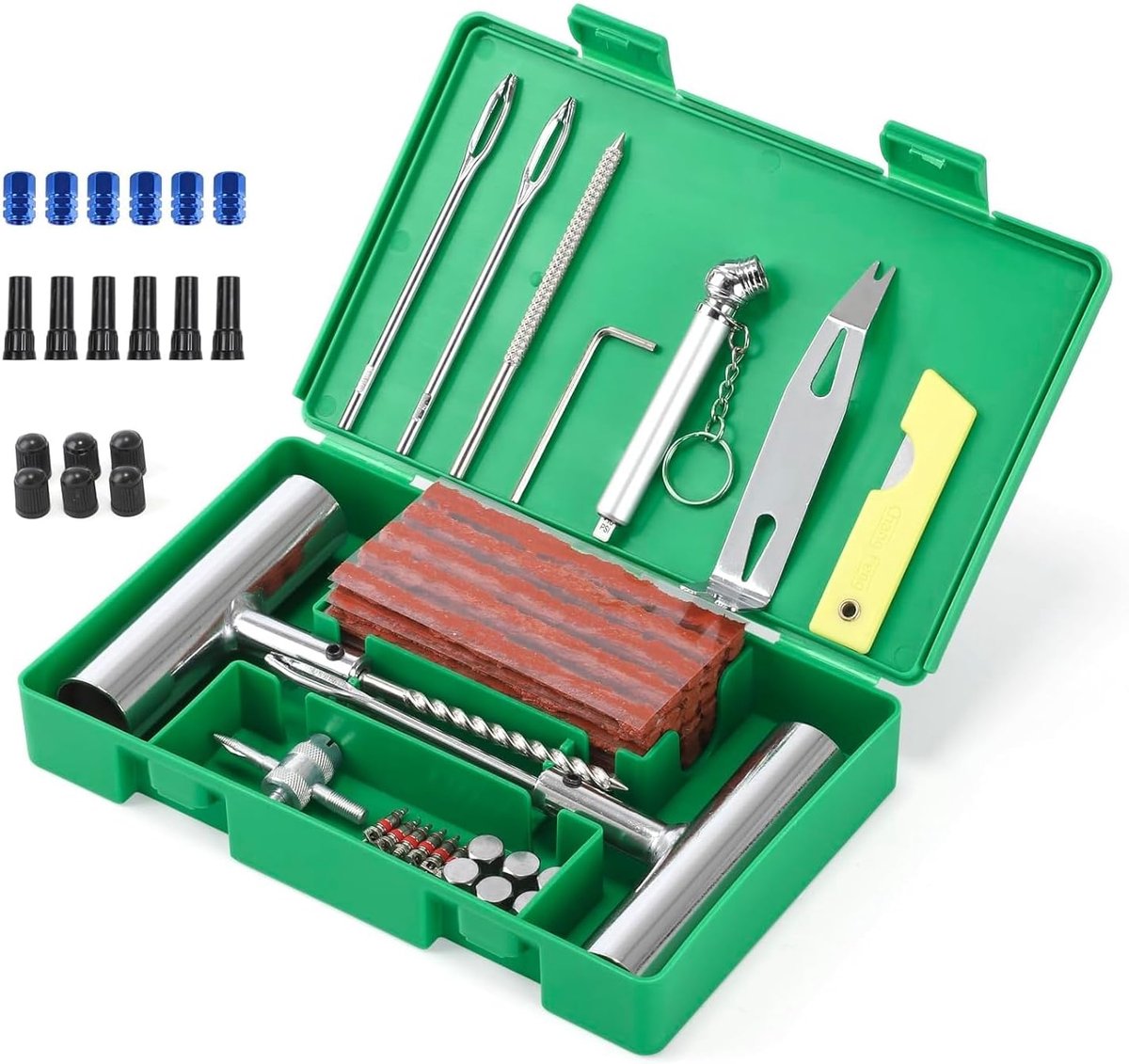 SnelShoppen - 71-delige Bandenreparatieset met Bandenspanningsmeter en Handschoenen - Heavy Duty Reparatieset voor Auto, Motorfiets, ATV, Jeep, Vracht