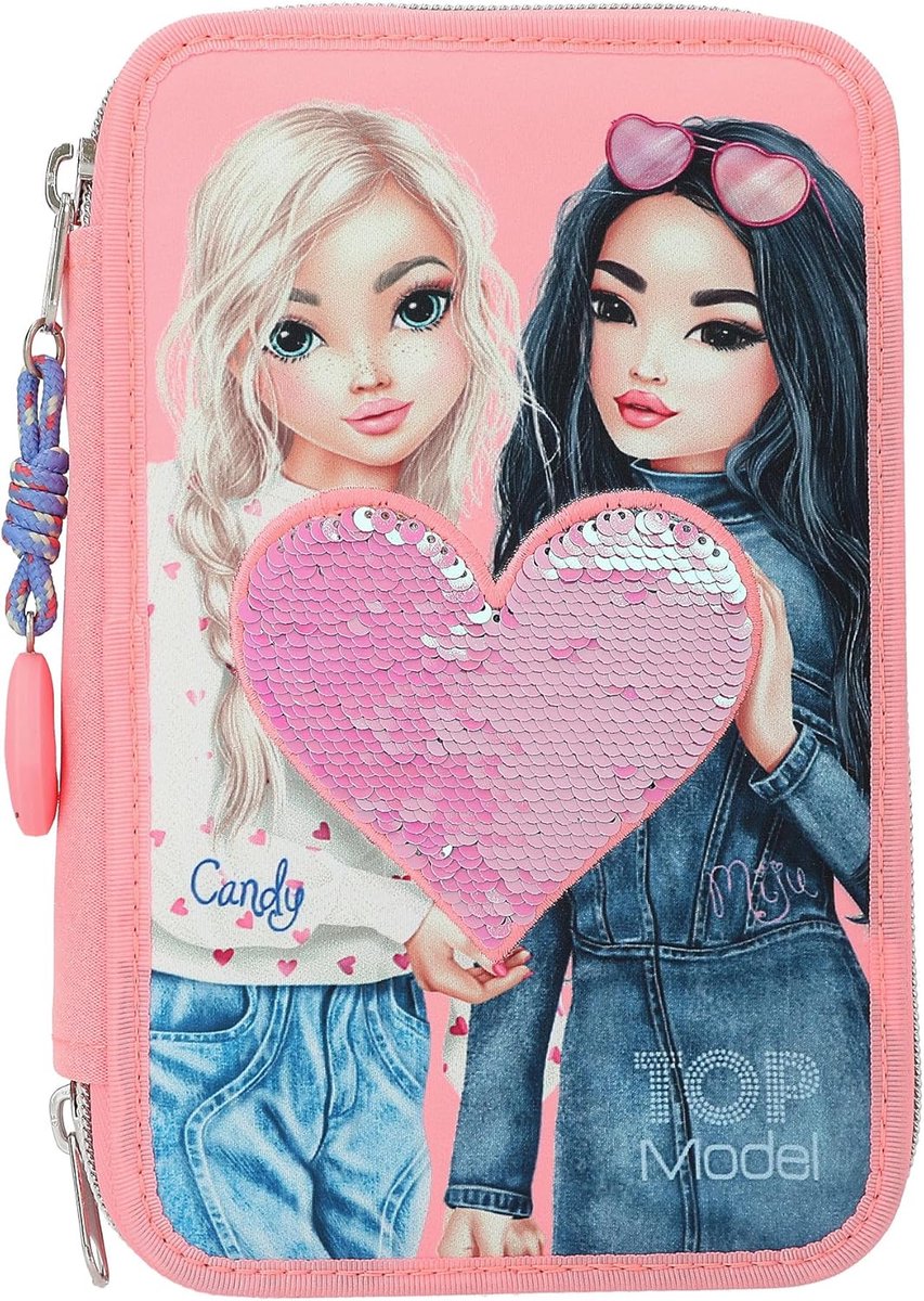 SnelShoppen - Gevulde 3-vaks etui met pailletten, 18 viltstiften, 18 kleurpotloden, schaar, liniaal, trendy roze design voor school, knutselen en crea