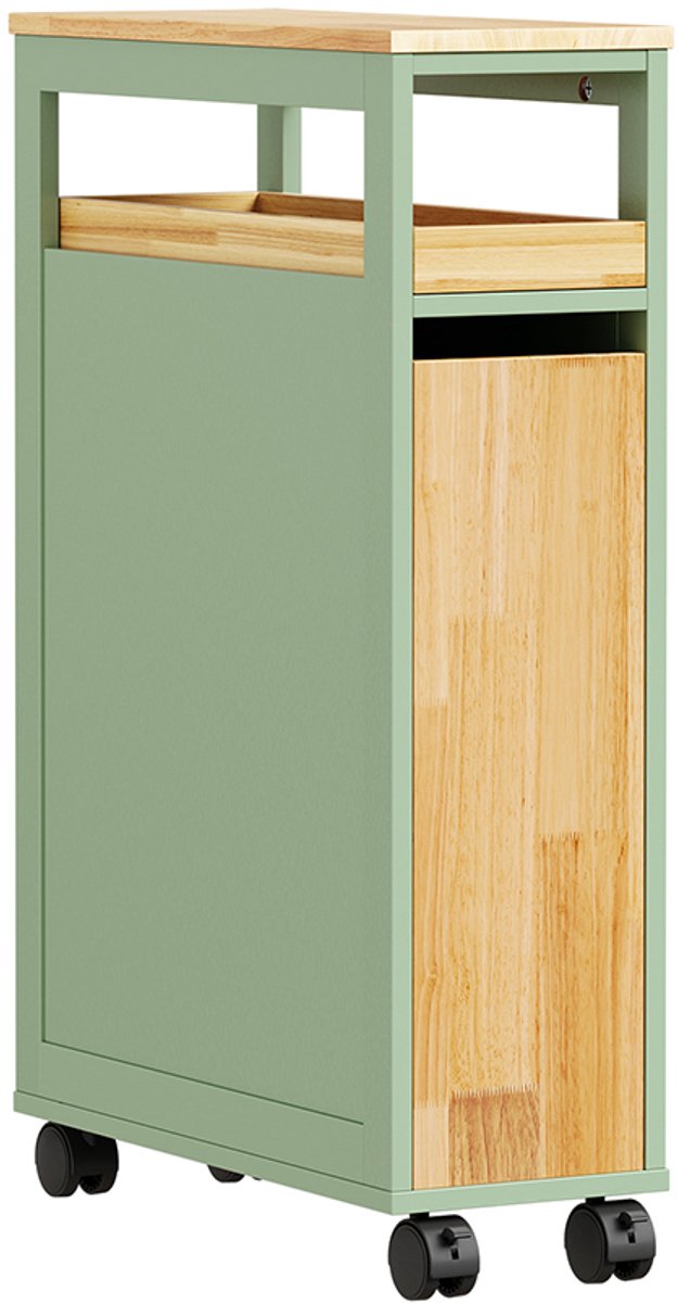 SoBuy Toiletpapier Kastje - Groen Licht Eiken MDF met Wieltjes en Toiletpapierhouder - Open Opbergvak en 2 Legplanken | NSR14-GR