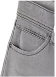 Detail van de grijze jeans: coin pocket met klinknagel en dubbele stiksels op de tailleband.