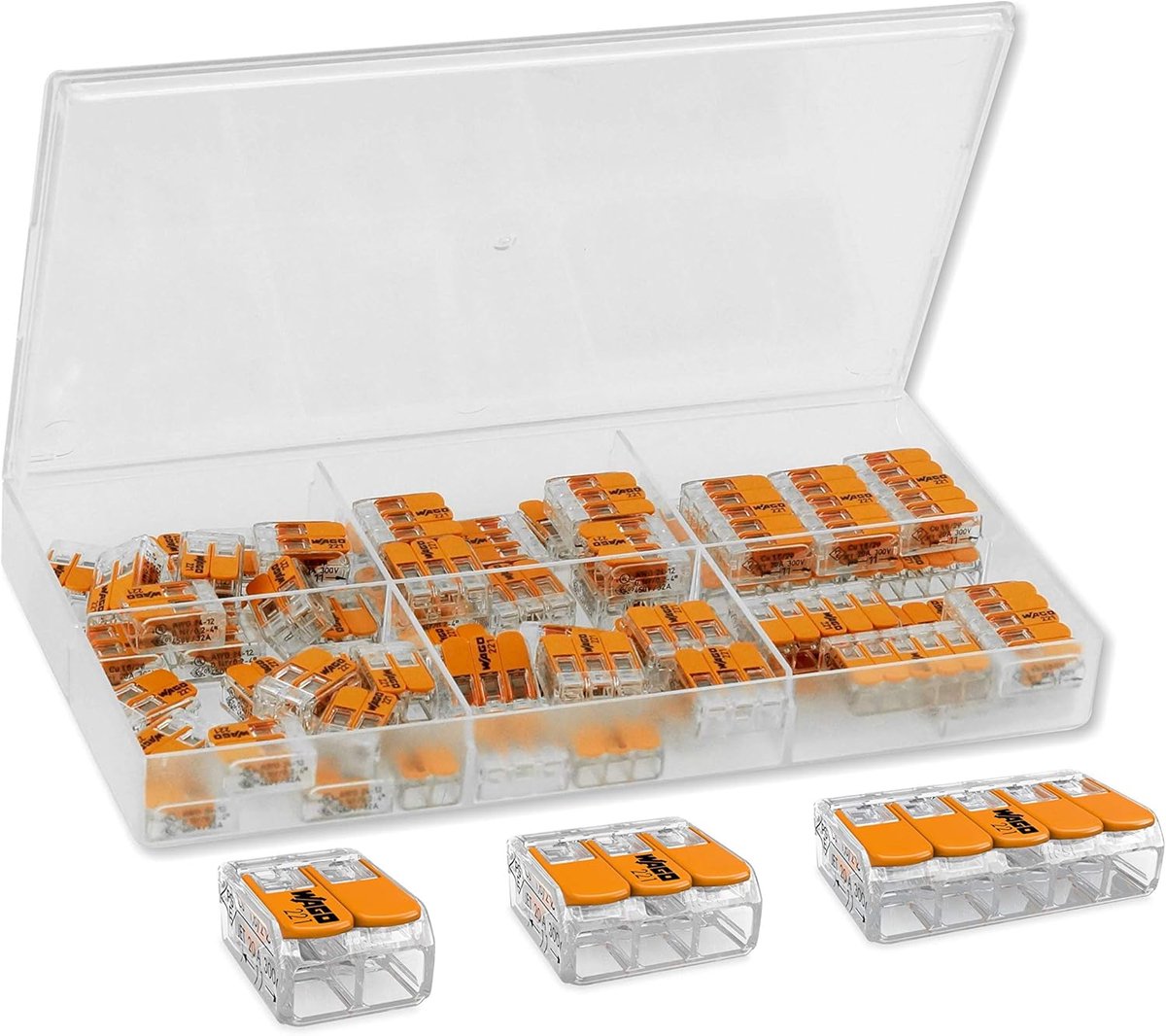 SnelShoppen - Set van 61 Wago Klemmen - Terminal Klemmen 221-412, 221-413, 221-415 in Opbergdoos - Ideaal voor Elektriciteitswerk, Klussen en Doe-Het-