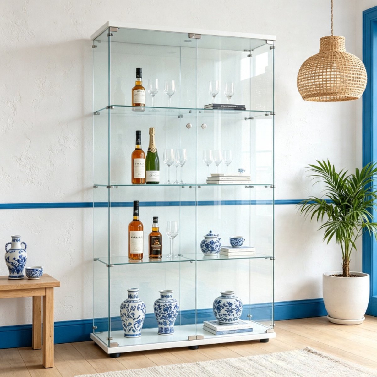 Vitrinekast 164 cm met led verlichting, woonkamerkast met 2 deuren en 4 glazen planken, displaykast met opbergruimte, wit kast