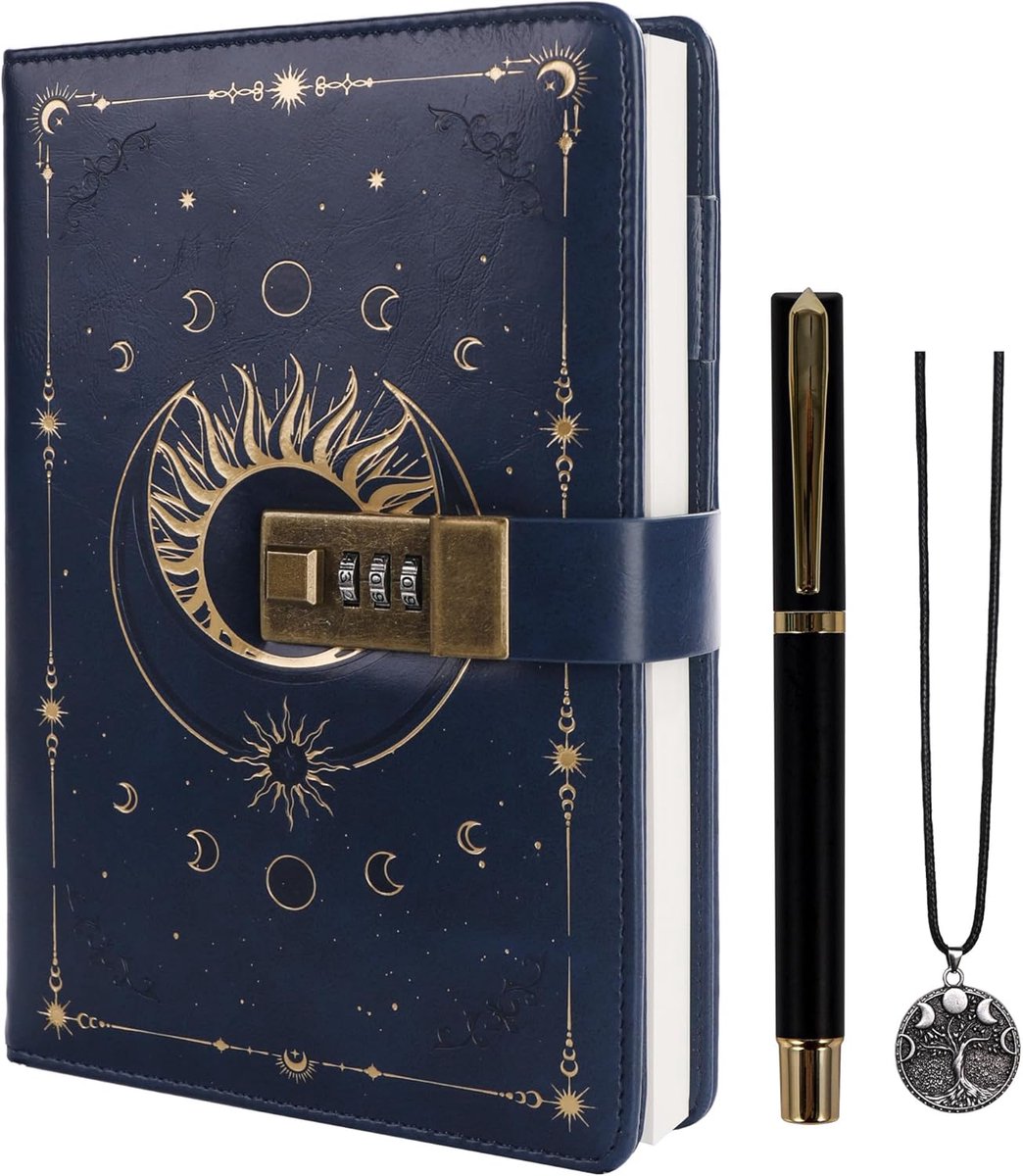 SnelShoppen - Vintage A5 Dagboek met Slot, Herbruikbaar Notitieboek voor Schrijven, 224 Genummerde Pagina's, Gouden Folie Zonnecover voor Vrouwen en M