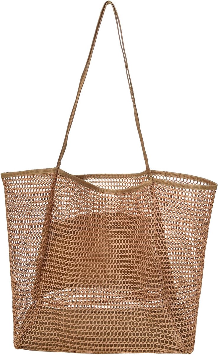 SnelShoppen - Grote Strandtas voor Vrouwen, Mesh Tote Bag met Rits, Ruime Shopper voor Strand, Reizen, Familie, Lichtgewicht en Duurzaam, Khaki