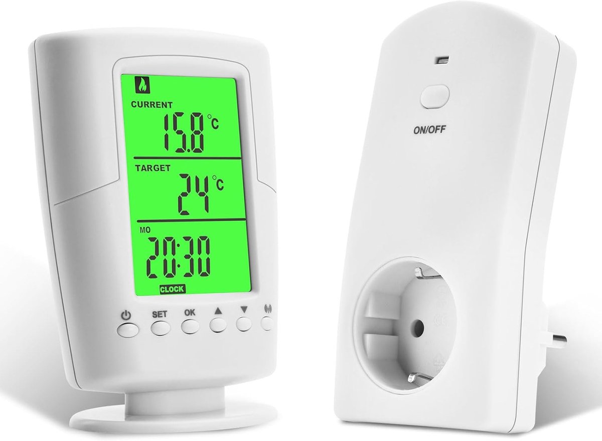 SnelShoppen - Draadloze Thermostaat Stopcontact 230V - Plug & Play Thermostaat voor Verwarming en Koeling - 16A/3680W - Thermostaat met Temperatuur Se