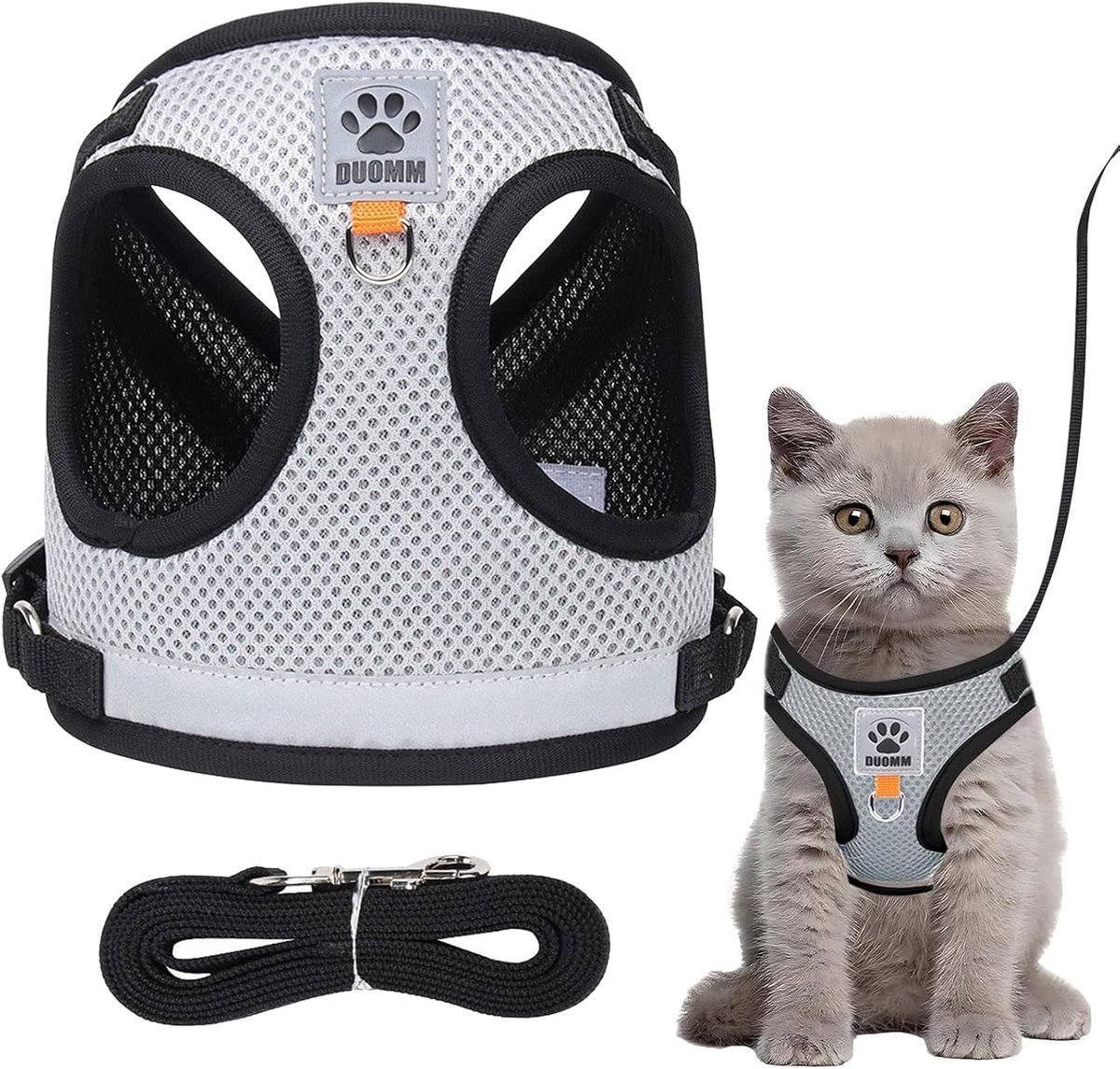 SnelShoppen - Anti-Escape Kat Harnas met Leash Reflecterend Verstelbaar Ademend voor Katten, Puppy’s en Konijnen (Grijs, M)