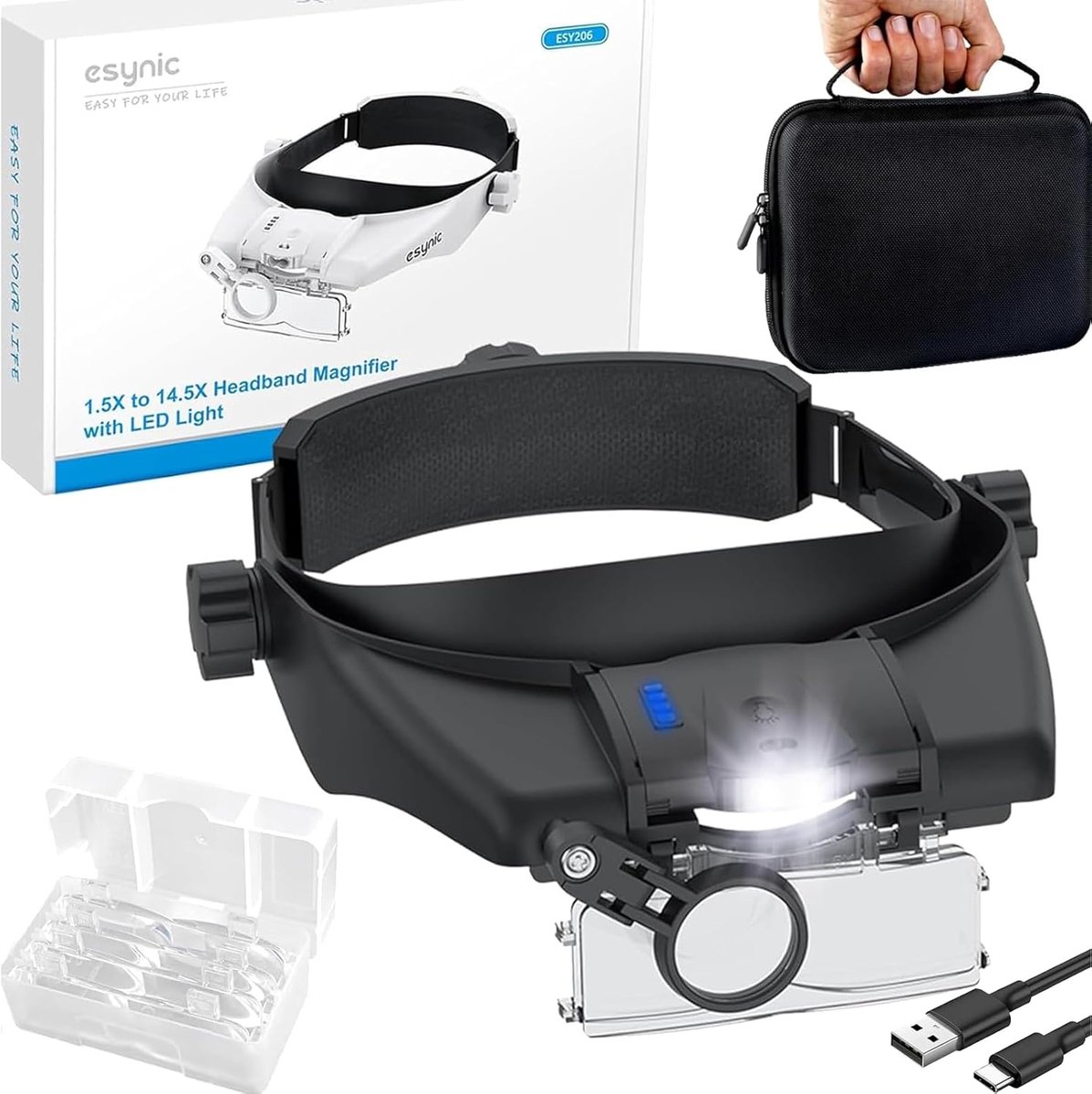 SnelShoppen - LED Hoofdmagnifier Handsfree 5 Lenses 1.5-3.5X + 8X-13X, Type-C Oplaadbare Vergrootglas met Verlichting, Perfect voor Borduren, Lezen, R
