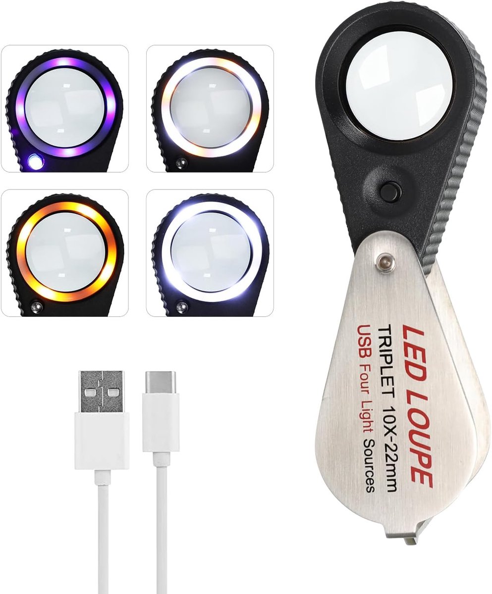 SnelShoppen - 10X Triple Loupe met Oplaadbare LED Verlichting, 22mm Lens, 4 Lichtstanden (UV/Warm/Natuurlijk/Wit), Vouwbaar RVS voor Juwelen, Horloges