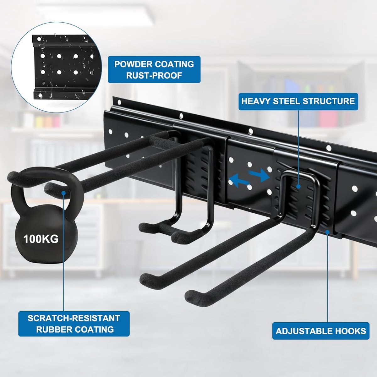 SnelShoppen - 122 cm Metalen Tuin- en Garagehouder met 3 Zijplaten, 10 Haken, 200 kg Draagkracht, Verstelbare Wandkast voor Tuin, Werkplaats en Garage