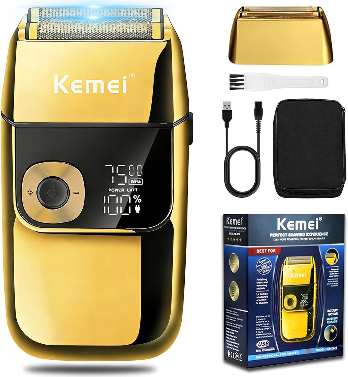 SnelShoppen - Elektrische Scheerapparaat voor Mannen, Draadloos, LCD Display, USB Oplaadbaar, Inclusief Pop Up Baardtrimmer, Reizen, Goud, Model KM 20