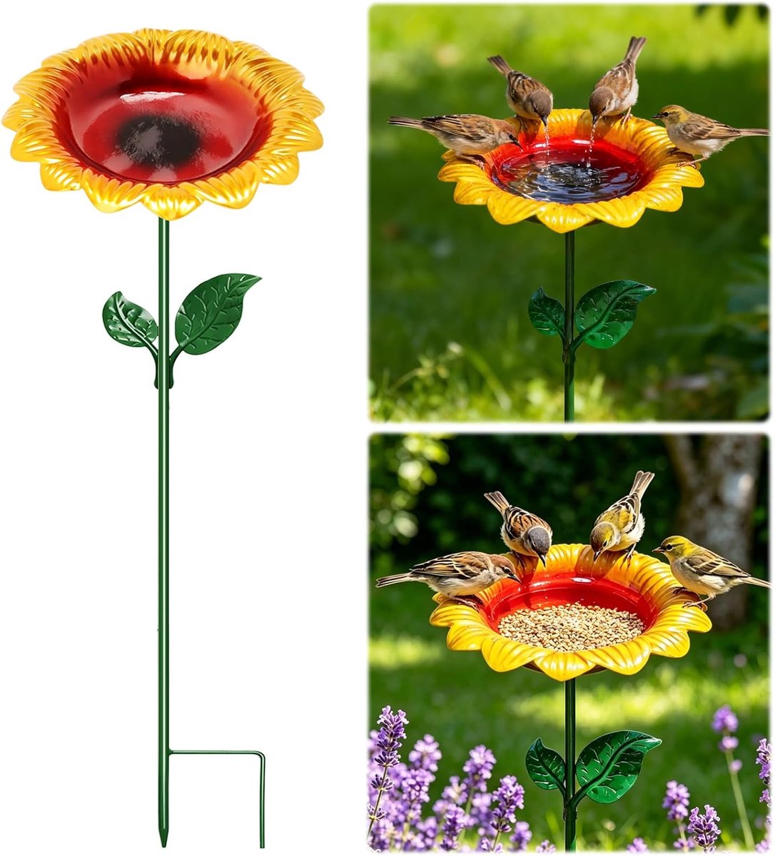 SnelShoppen - Vogelbad Staand Metaal - Zonnebloemontwerp - Verstelbare Hoogte - Winterbestendig - Ideaal voor Tuin en Buiten - Waterdranken voor Vogel