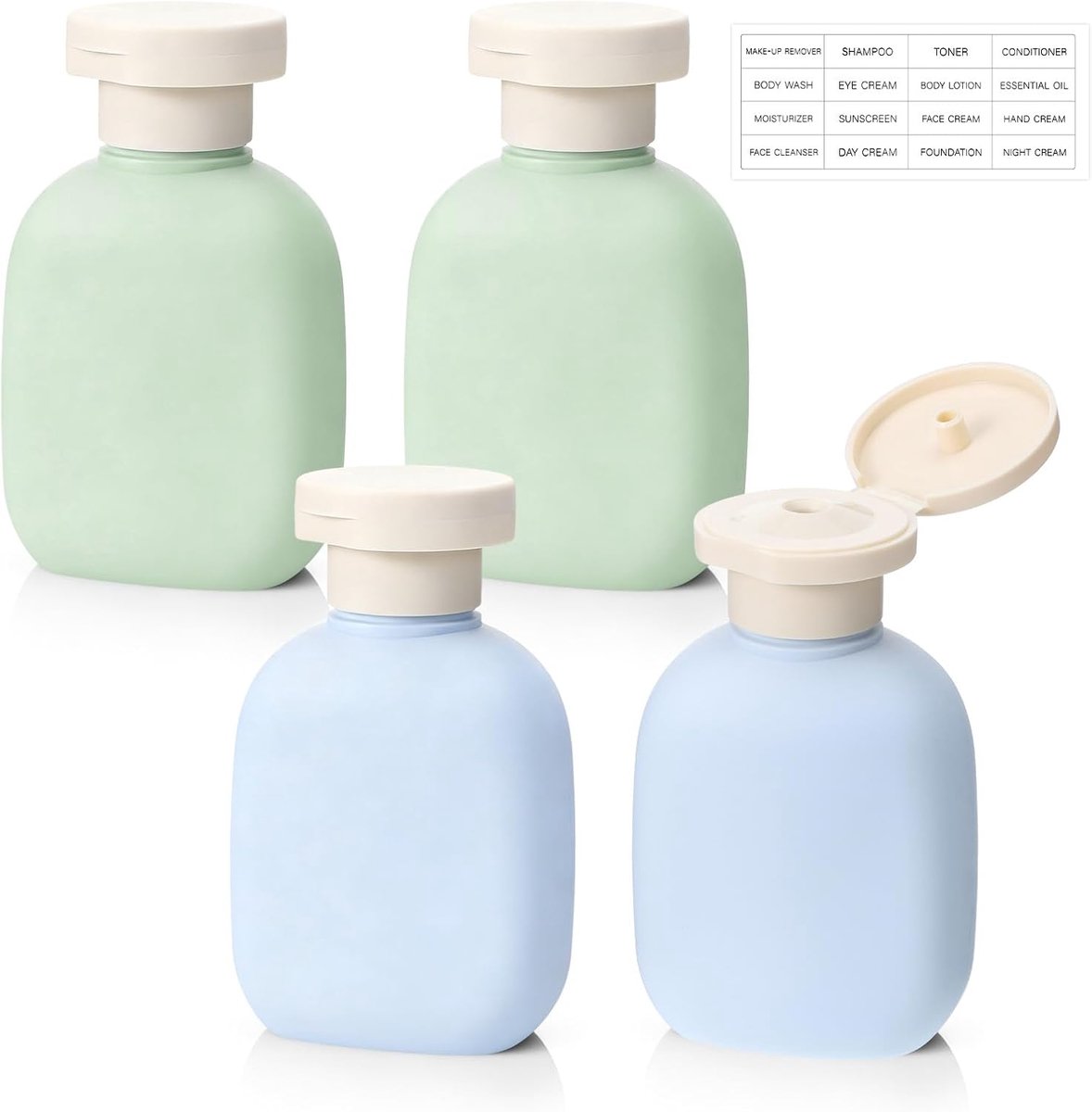 SnelShoppen - 4-Pack Refillable Reiskleding Shampoo & Conditioner Flessen 3.4oz - Levenslange Levensduur, Lekvrij, Squeeze Bottles, Groen en Blauw, In