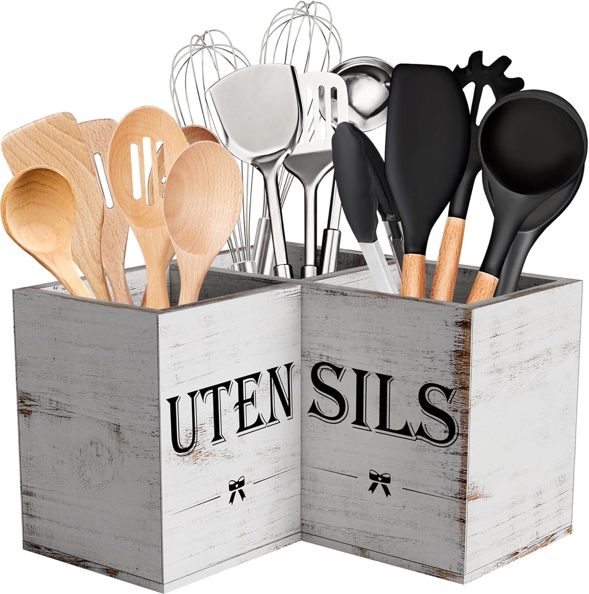 SnelShoppen - Extra Large Keuken Gereedschap Houder met 3 Compartimenten, Houten Organiser voor Aanrecht, Wit Hout, Ideaal voor Keuken, Boerderij Deco