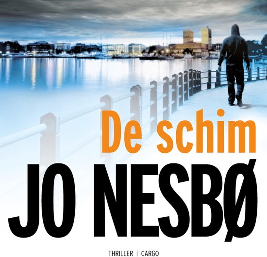 Boekomslag van "De schim" door Jo Nesbø. Een silhouet loopt langs een waterkant.