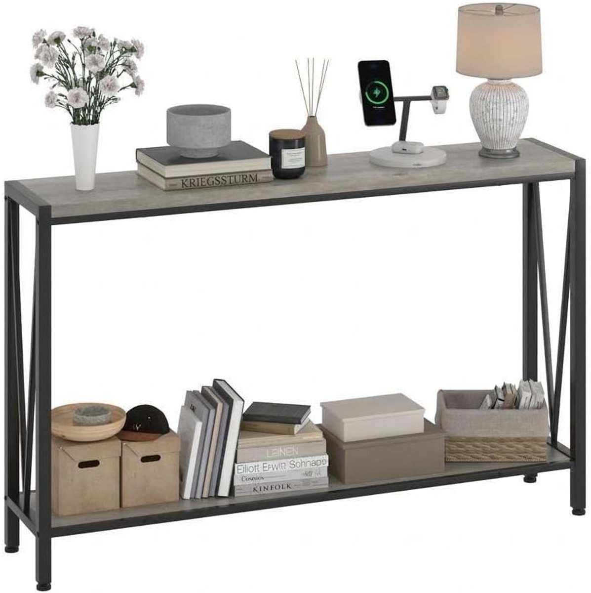 Industriële Sidetable met 2 Niveaus - Smalle Consoletafel & Haltafel - Grijs & Zwart Metaal - Wandtafel voor Woonkamer, Entree of Achter de Bank - 109 x 25 x 76 cm