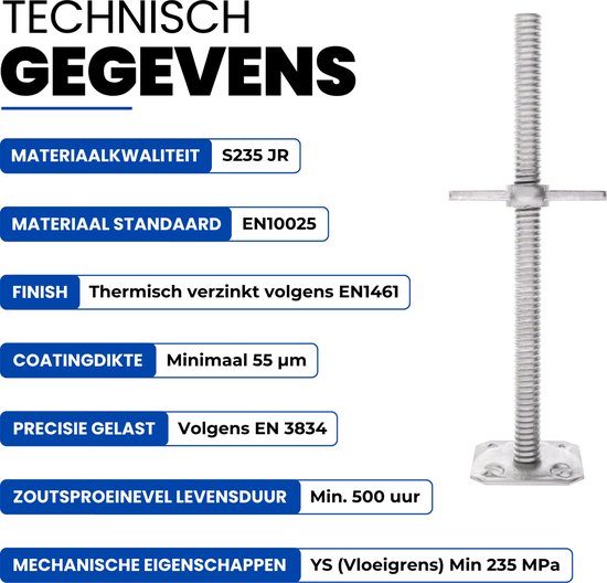 Technisch gegevens: S235 JR staal, thermisch verzinkt, min 55 µm coating, gelast volgens EN 3834.