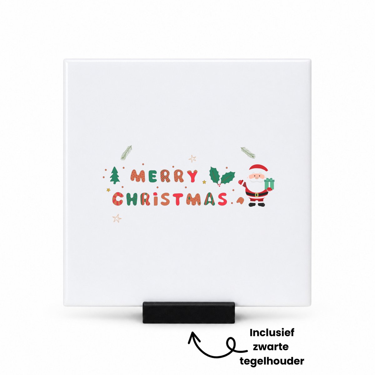 Hacebo Kerst merry christmas kerstman tegeltje met tegelhouder - Kerstmis - Kerst beker - tegeltjes met tekst - winter - kerst - christmas - kerst cadeau - spreuktegels - 10.8x10.8 CM Wit