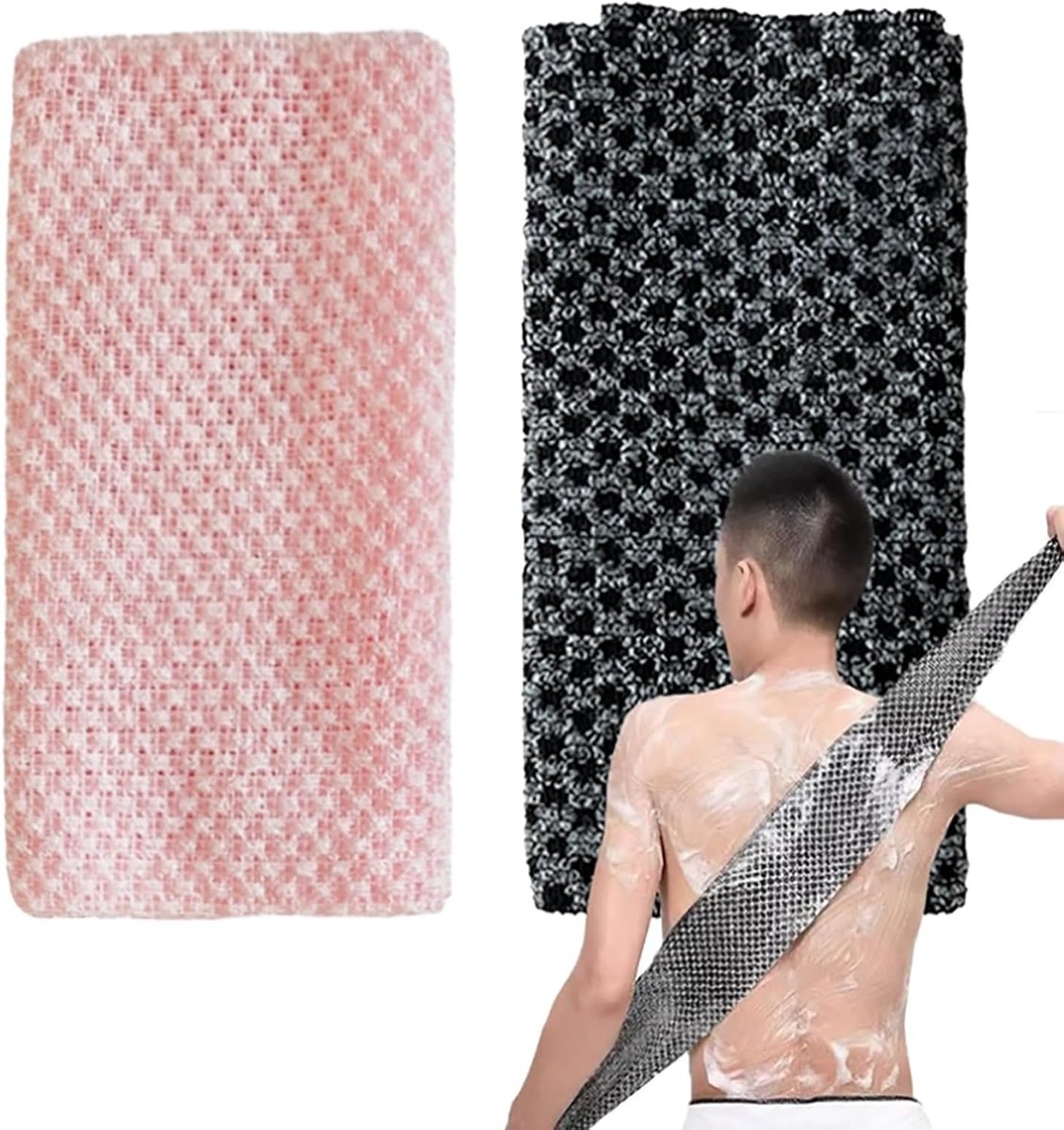 SnelShoppen - 2x Japanse Exfoliërende Washcloths voor Bad en Douche - Achter Rubber - Ideaal voor Huidverzorging - Zwart en Roze - Voor Mannen en Vrou