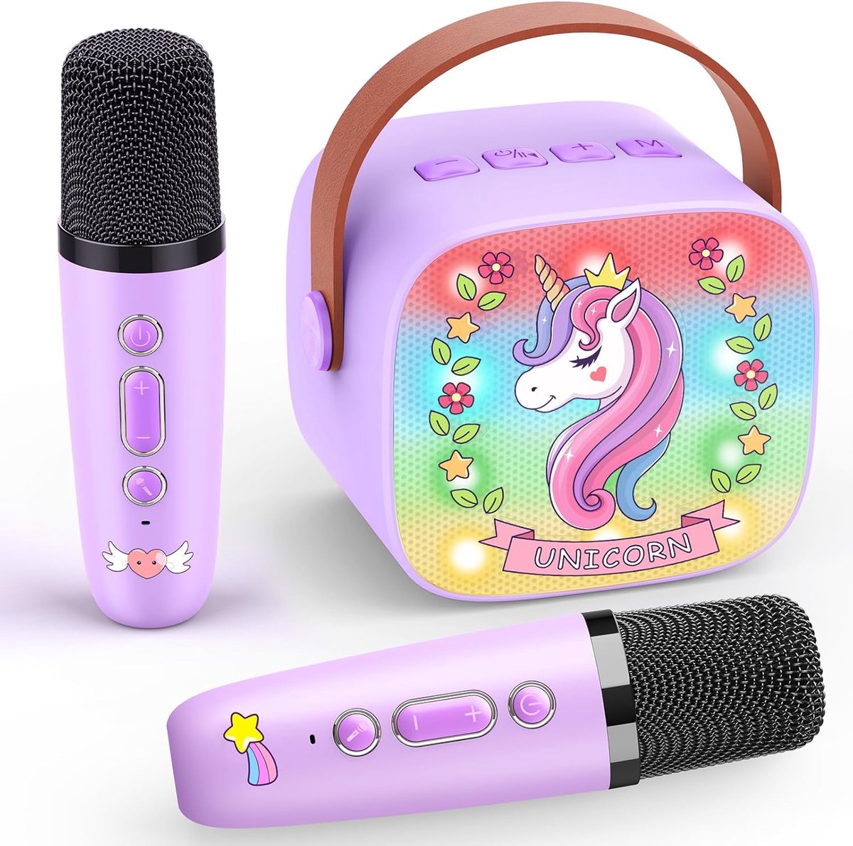 SnelShoppen - Unicorn Karaoke Machine met 2 Bluetooth Microfoons voor Kinderen, Draagbare Speaker met LED Lichten, Geluidservaring voor Feestjes en Fa