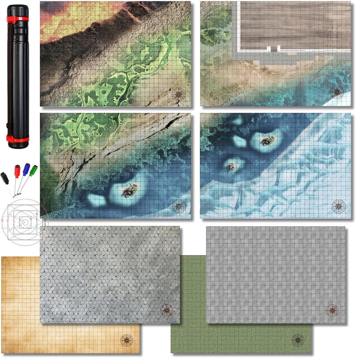 SnelShoppen - DND Card Starter Set Table Mat 58x84 cm met 2.5cm Grid & Hex RPG Battlefield Mat voor Dungeons and Dragons Accessoire, Pathfinder & Warh