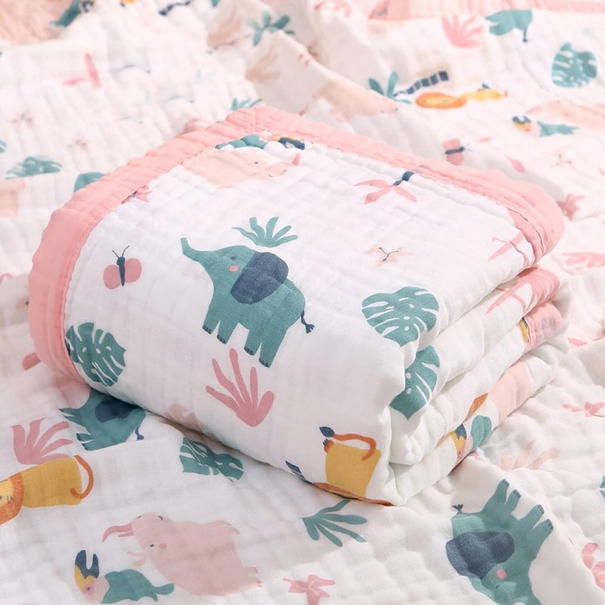 SnelShoppen - Mousseline Deken 6-laags Knuffeldeken Baby Katoen 110 x 110 cm Roze Olifant - Multifunctionele Babydeken voor Luiers, Borstvoeding, Wieg