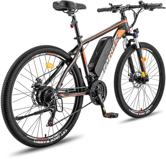 FAfreees e-mountainbike, zwart met oranje accenten, vanuit de zijkant gezien.