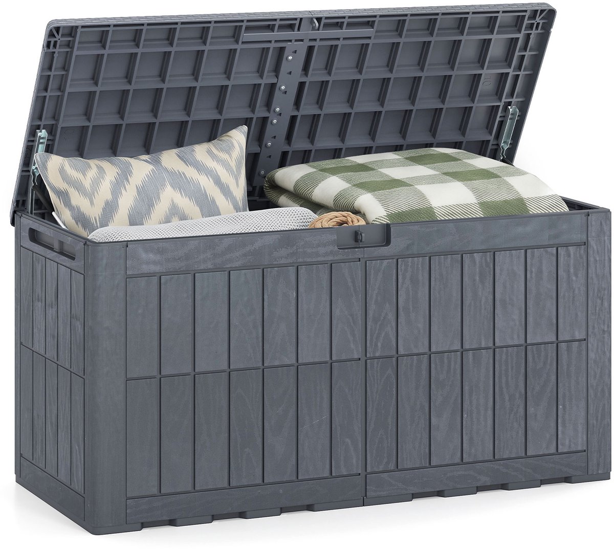 COSTWAY Tuinbox Outdoor met afsluitbaar deksel (grijs, 380 l) | Opbergdoos met gasveren en handgrepen, weerbestendige kussenbox voor tuin, terras en balkon