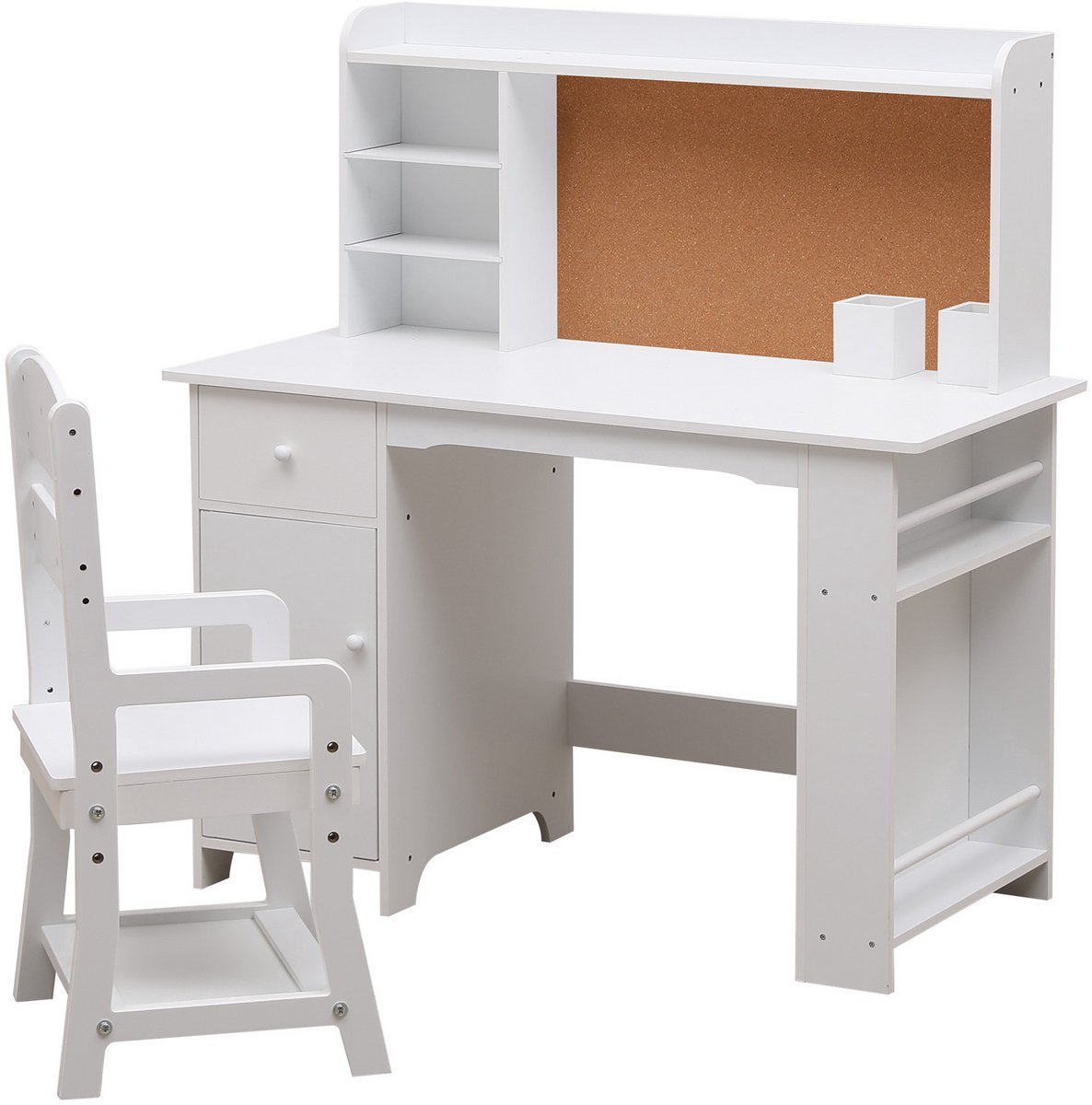Complete Kinderbureau Set met Stoel, Inclusief Boekenplank en Lades - Wit - 96x41x100cm