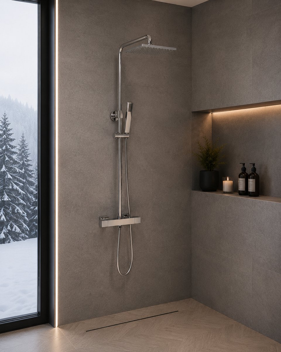 Thermostatische Regendoucheset Vierkant Chroom – Opbouw Douchekolom met Regendouche – Cool Touch – Luxe Doucheset met Handdouche