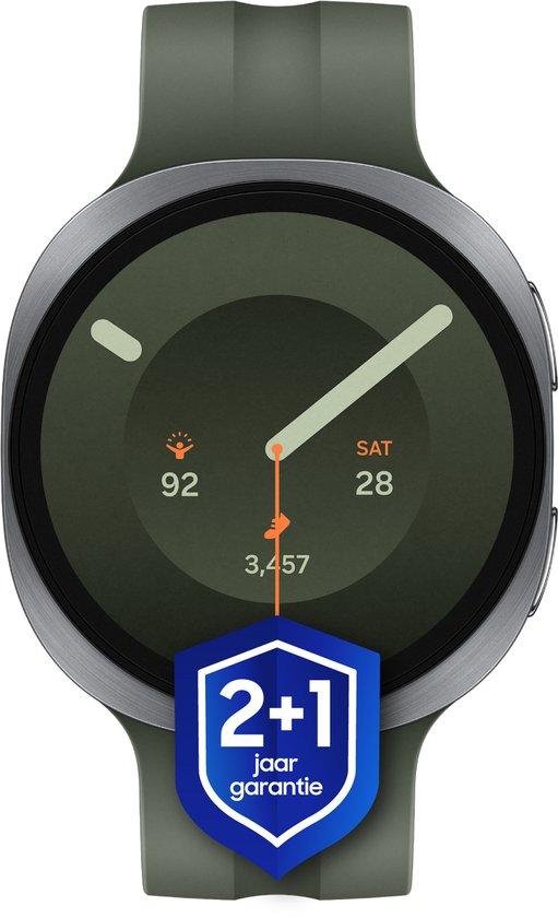 Samsung Galaxy Watch9 avec bracelet vert foncé et cadran vert avec icône de garantie.