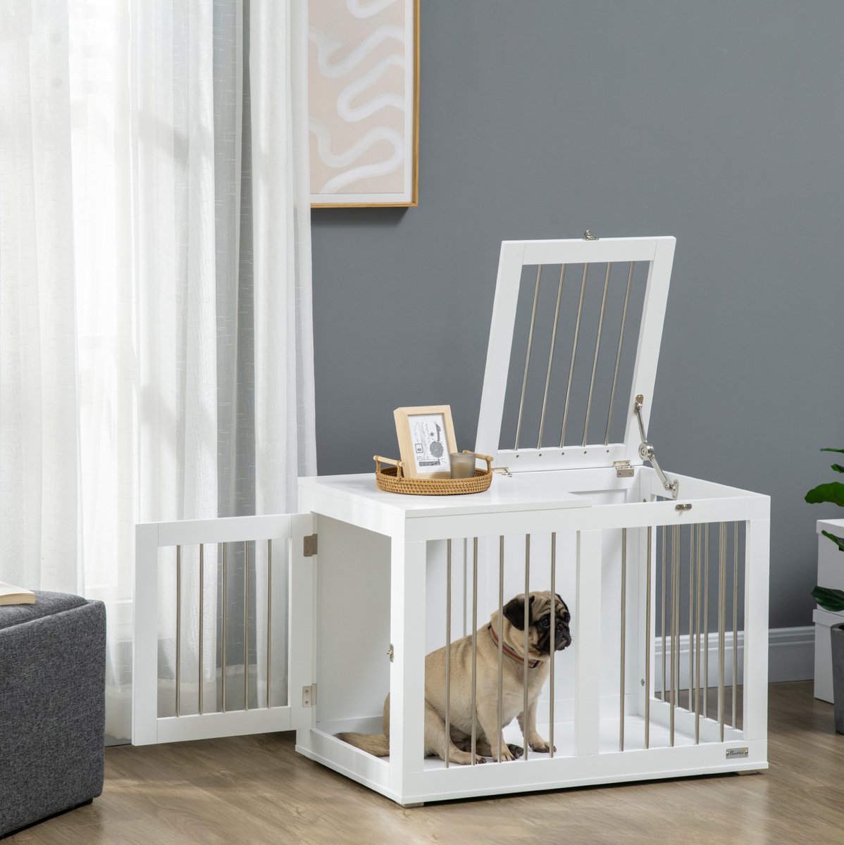 MODENUIT Hondenbench – 80 x 50 x 56,5 cm – met 2 deuren – hout en staal – wit – voor middelgrote honden