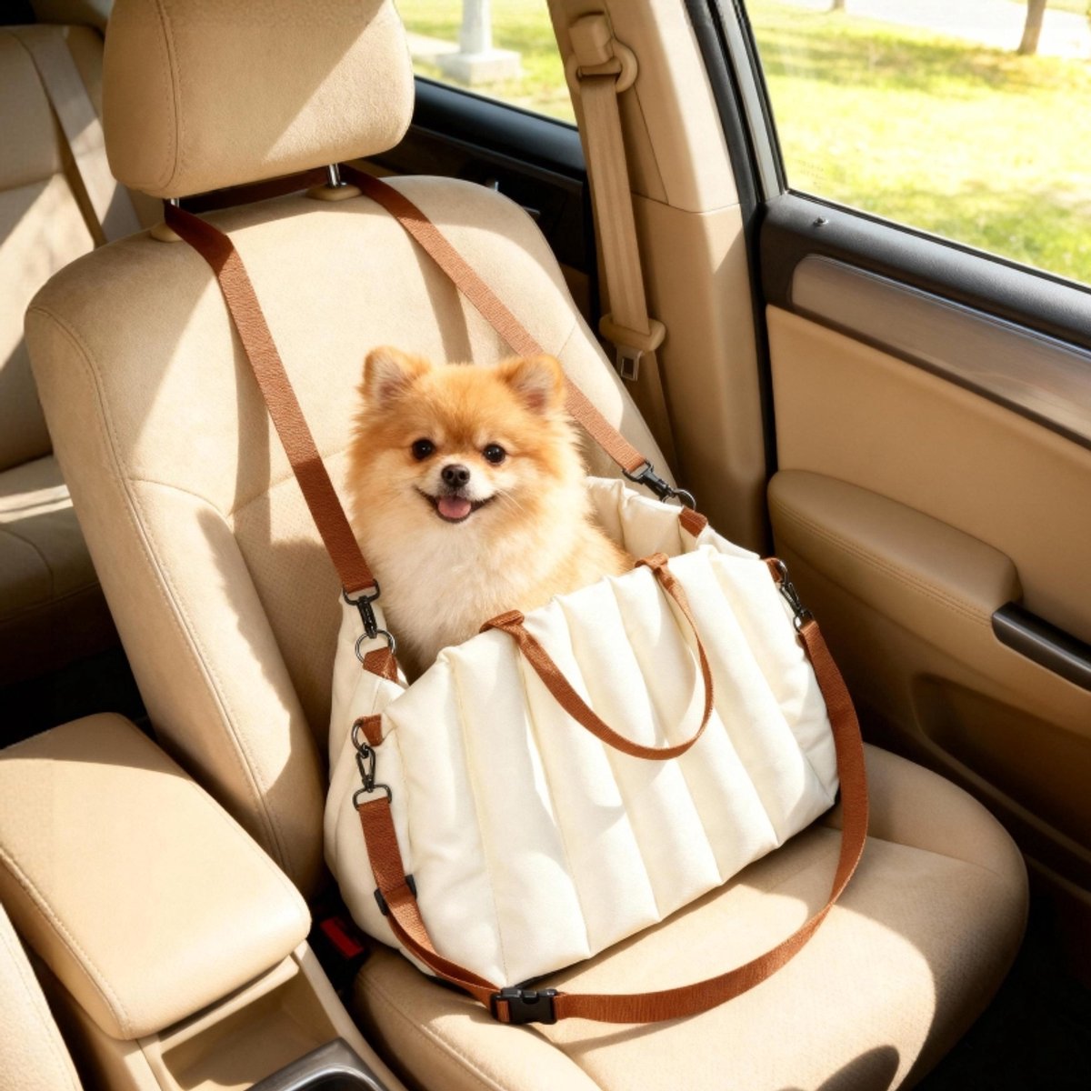DESMIU Autostoel Voor Dieren – Onder 5 Kg – 50 x 30 x 31 cm – Oxford Stof En Katoen – Crèmewit – Hondentas Voor Auto En Wandelingen