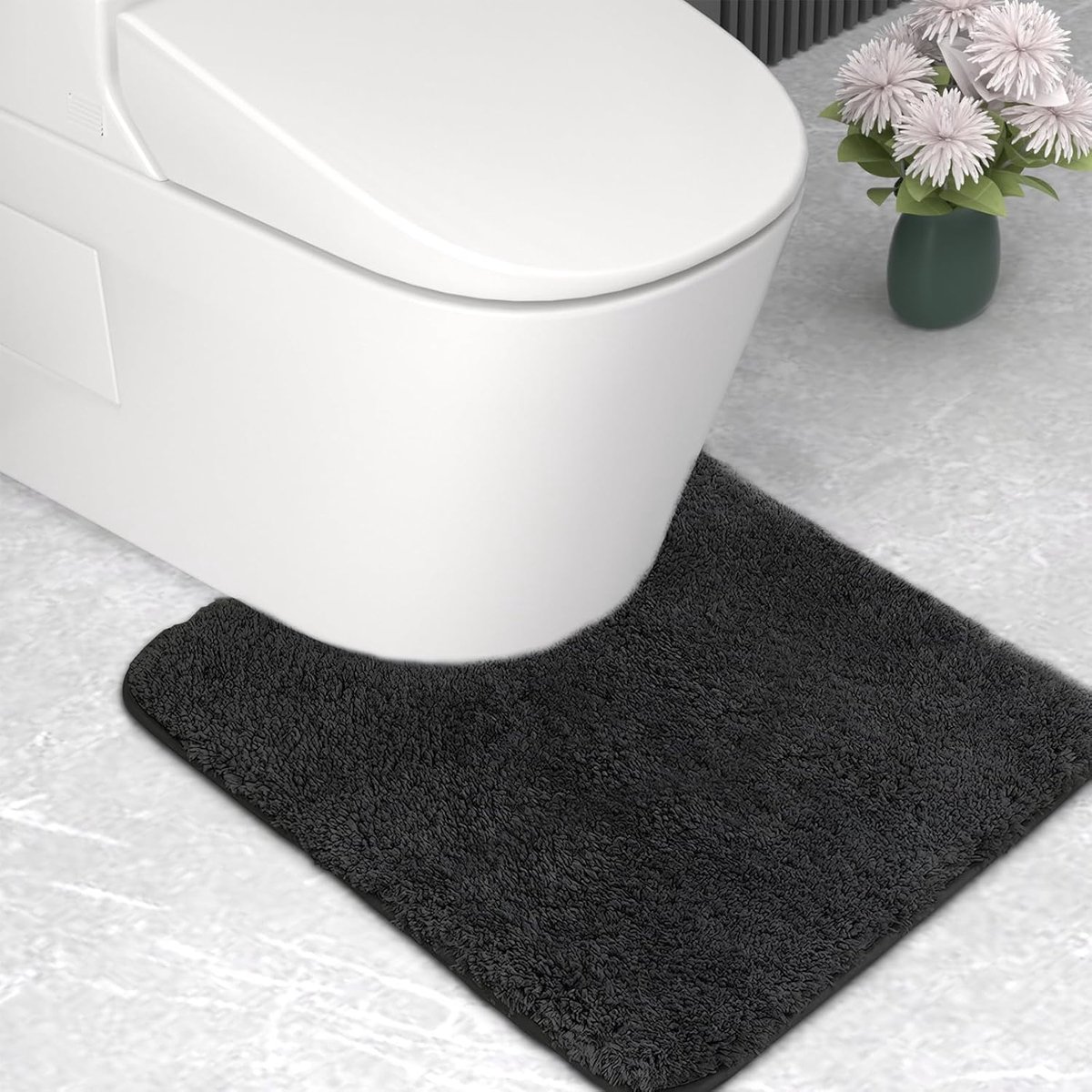 SnelShoppen - Microfiber Badmat en Toiletmat, 2cm Super Dikke Badrug, Ultra Absorberend Badkamer Tapijt 50x50cm U Vorm, Zwart voor Luxe Badkamer