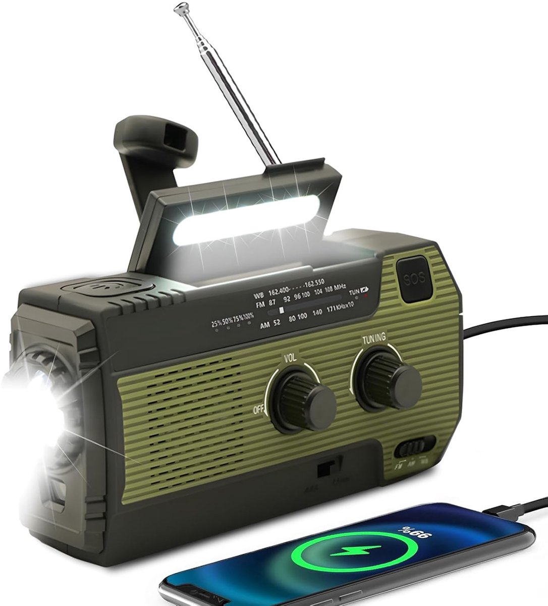 SnelShoppen - Emergency Radio met Handcrank & Zonne-energie – AM/FM Weeralarm Radio met LED Zaklamp, 4000mAh Powerbank voor Smartphones, Noodradio met